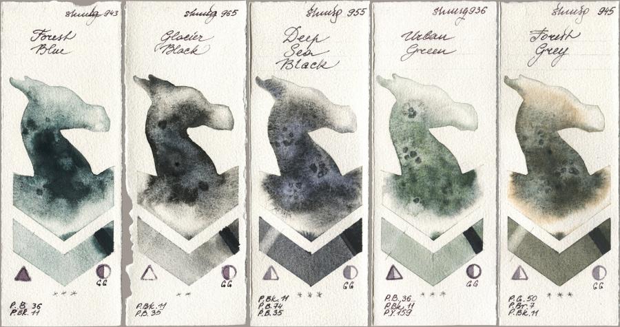 Shminke Horadam Aquarell 943 Forest Blue, 965 Glacier Black, 955 Deep Sea Black, 936 Urban Green, 945 Forest Gr watercolor swatch