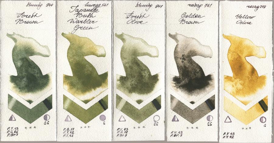 Shminke Horadam Aquarell 944 Forest Brown, Holbein Artists Watercolor 521 Japanese Bush Warbler Green, 941 Forest Olive, Rosa Gallery 761 Golden Brown, 719 Yellow Och watercolor swatch
