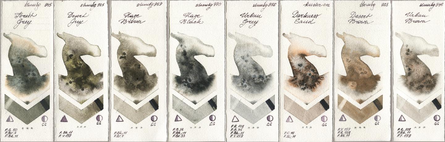 Shminke Horadam Aquarell 945 Forest Grey, 925 Desert Grey, 969 Haze Brown, 970 Haze Black, 956 Urban Grey, Kusakabe 012 Darkness Sand, 923 Desert Brown, 946 Urban Bro watercolor swatch