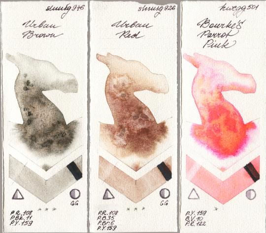Shminke Horadam Aquarell 946 Urban Brown vs 926 Urban Red vs Holbein Artists Watercolor 501 Bourkes Parrot Pink watercolor swatch