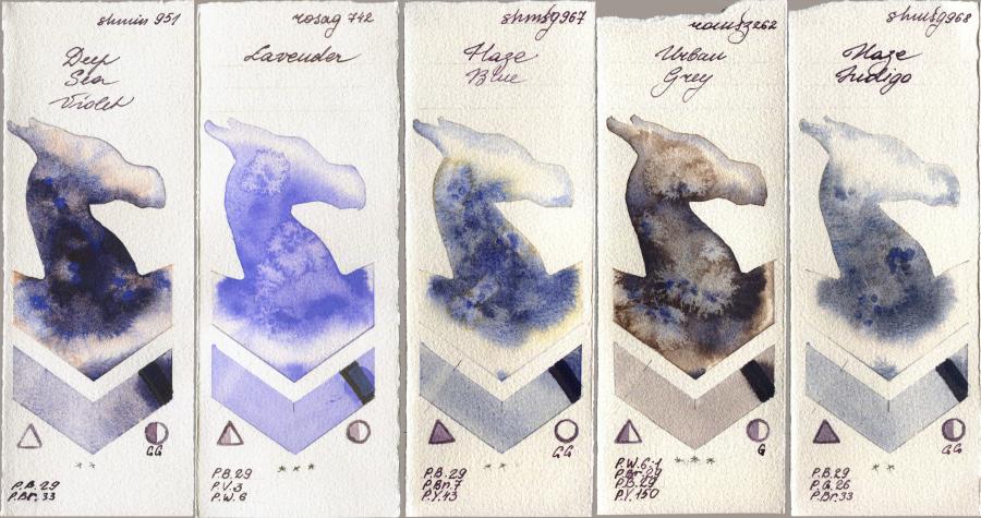 Shminke Horadam Aquarell 951 Deep Sea Violet vs Rosa Gallery 742 Lavender vs 967 Haze Blue vs Roman Szmal Aquarius 262 Urban Grey vs 968 Haze Indigo watercolor swatch