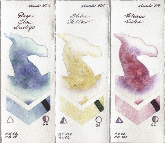 Shminke Horadam Aquarell 952 Deep Sea Indigo vs 931 Shire Yellow vs 914 Volcano Violet watercolor swatch