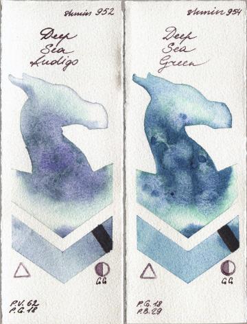 Shminke Horadam Aquarell 952 Deep Sea Indigo vs 954 Deep Sea Green watercolor swatch