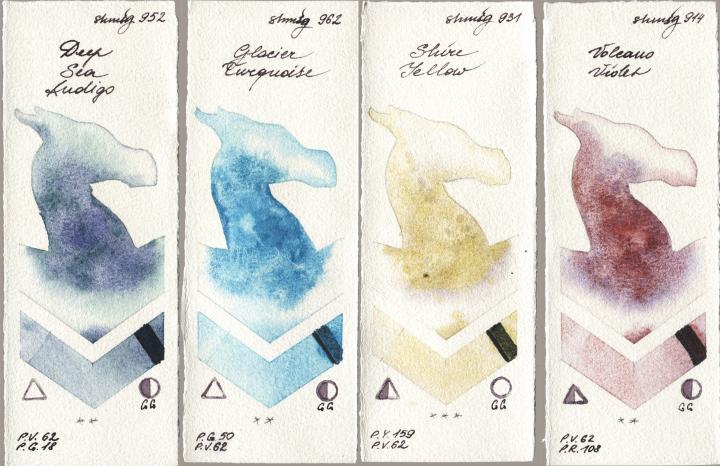 Shminke Horadam Aquarell 952 Deep Sea Indigo vs 962 Glacier Turquoise vs 931 Shire Yellow vs 914 Volcano Violet watercolor swatch