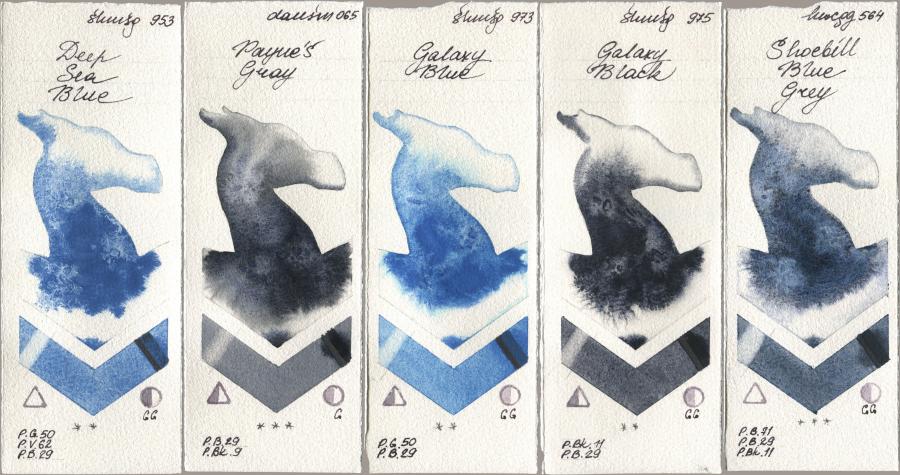 Shminke Horadam Aquarell 953 Deep Sea Blue, Daniel Smith 065 Paynes Gray, 973 Galaxy Blue, 975 Galaxy Black, Holbein Artists Watercolor 564 Shoebill Blue Gr watercolor swatch
