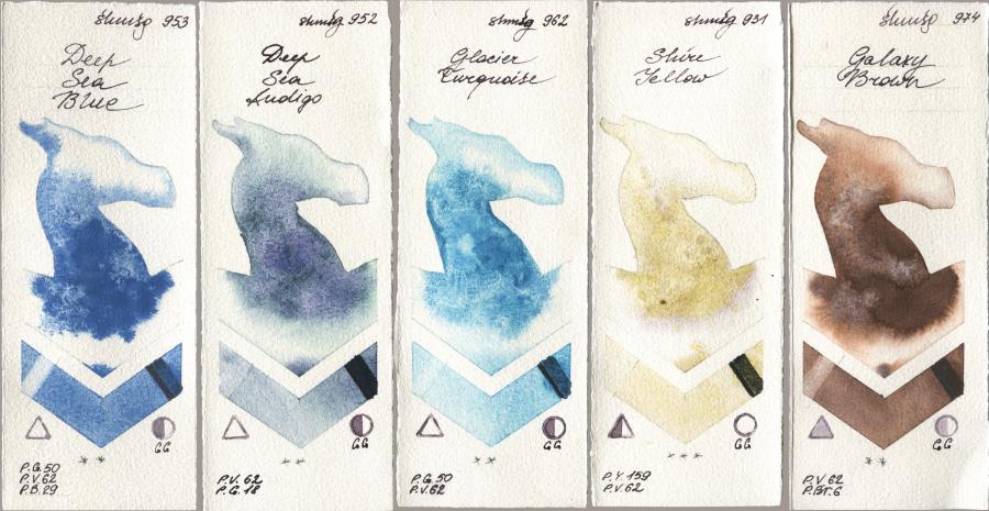 Shminke Horadam Aquarell 953 Deep Sea Blue, 952 Deep Sea Indigo, 962 Glacier Turquoise, 931 Shire Yellow, 974 Galaxy Bro watercolor swatch