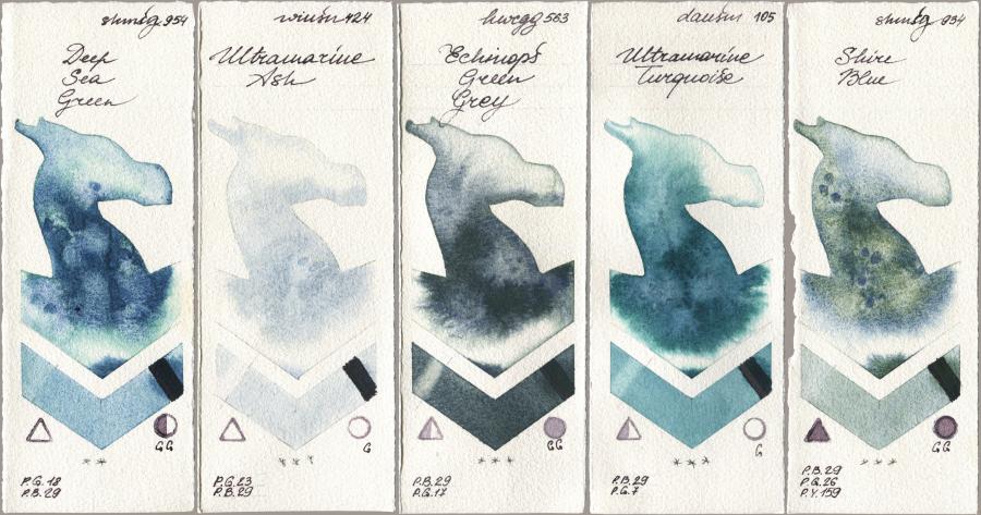 Shminke Horadam Aquarell 954 Deep Sea Green, Winsor & Newton Professional 424 Ultramarine Ash, Holbein Artists Watercolor 563 Echinops Green Grey, Daniel Smith 105 Ultramarine Turquoise, 934 Shire Bl watercolor swatch