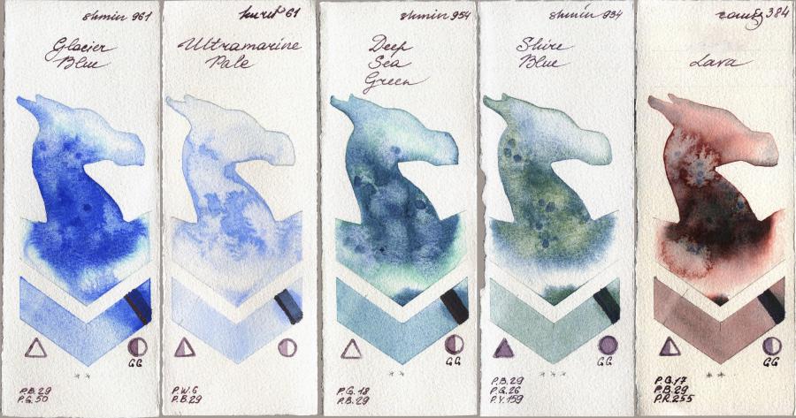 Shminke Horadam Aquarell 961 Glacier Blue vs Kuretake Gansai Tambi 61 Ultramatire Pale vs 954 Deep Sea Green vs 934 Shire Blue vs Roman Szmal Aquarius 384 Lava watercolor swatch
