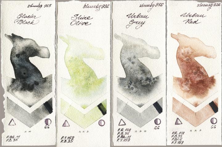 Shminke Horadam Aquarell 965 Glacier Black vs 932 Shire Olive vs 956 Urban Grey vs 926 Urban Red watercolor swatch