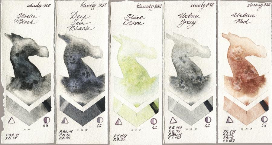 Shminke Horadam Aquarell 965 Glacier Black, 955 Deep Sea Black, 932 Shire Olive, 956 Urban Grey, 926 Urban R watercolor swatch