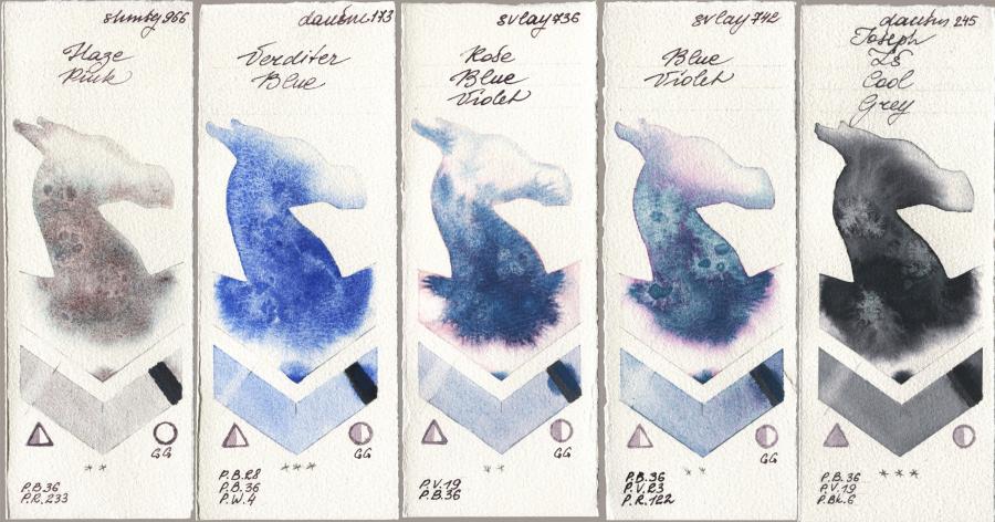 Shminke Horadam Aquarell 966 Haze Pink, Daniel Smith 173 Verditer Blue, SuperVision 736 Rose Blue Violet, 742 Blue Violet, 245 Joseph Zs Cool Gr watercolor swatch