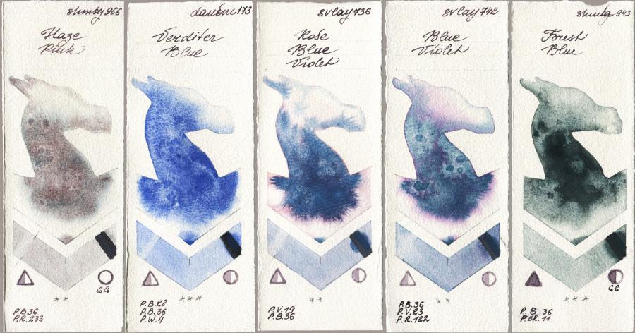 Shminke Horadam Aquarell 966 Haze Pink vs Daniel Smith 173 Verditer Blue vs SuperVision 736 Rose Blue Violet vs 742 Blue Violet vs 943 Forest Blue watercolor swatch