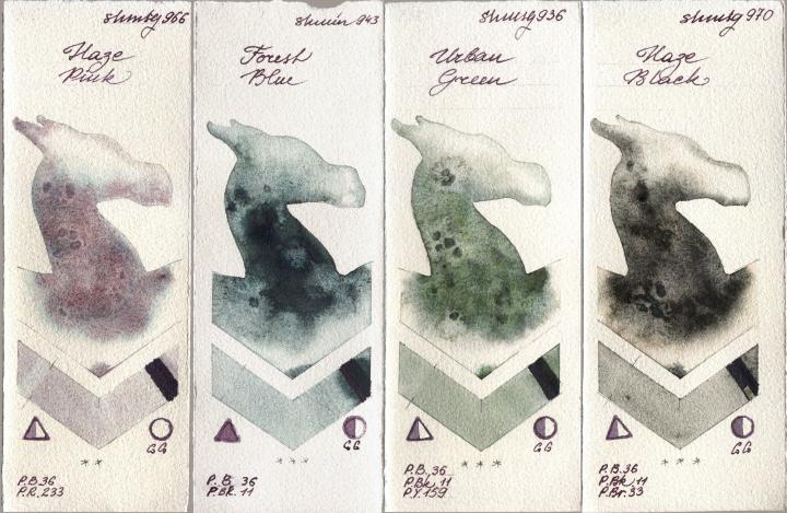 Shminke Horadam Aquarell 966 Haze Pink vs 943 Forest Blue vs 936 Urban Green vs 970 Haze Black watercolor swatch