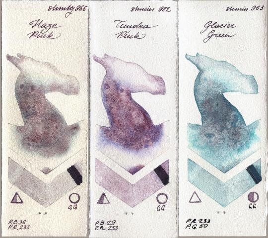 Shminke Horadam Aquarell 966 Haze Pink vs 982 Tundra Pink vs 963 Glacier Green watercolor swatch