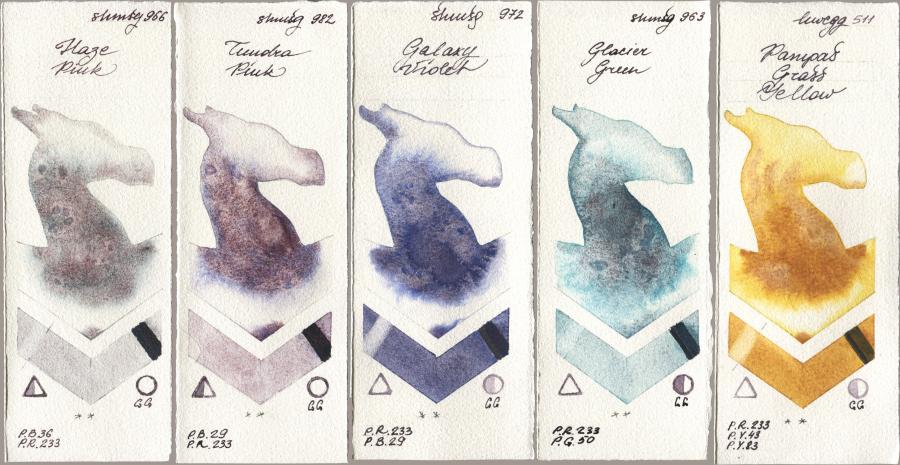 Shminke Horadam Aquarell 966 Haze Pink, 982 Tundra Pink, 972 Galaxy Violet, 963 Glacier Green, Holbein Artists Watercolor 511 Pampas Grass Yell watercolor swatch