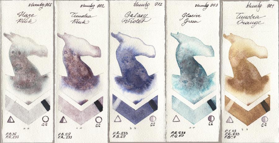 Shminke Horadam Aquarell 966 Haze Pink, 982 Tundra Pink, 972 Galaxy Violet, 963 Glacier Green, 981 Tundra Oran watercolor swatch