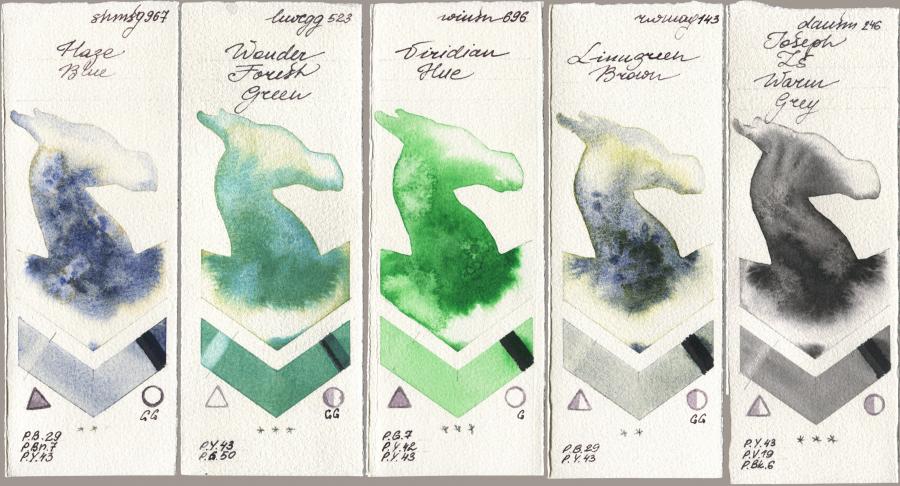 Shminke Horadam Aquarell 967 Haze Blue, Holbein Artists Watercolor 523 Wonder Forest Green, Winsor & Newton Professional 696 Viridian Hue, Rockwell 143 Limugreen Brown, Daniel Smith 246 Joseph Zs Warm Gr watercolor swatch