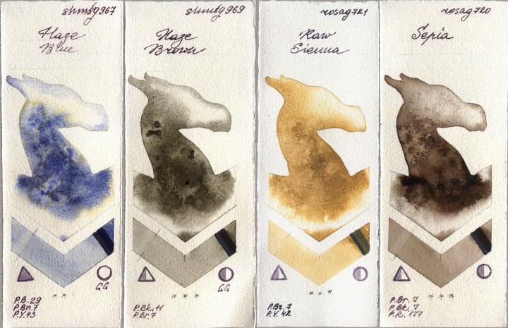 Shminke Horadam Aquarell 967 Haze Blue vs 969 Haze Brown vs Rosa Gallery 721 Raw Sienna vs 720 Sepia watercolor swatch