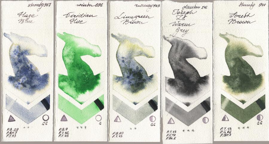 Shminke Horadam Aquarell 967 Haze Blue, Winsor & Newton Professional 696 Viridian Hue, Rockwell 143 Limugreen Brown, Daniel Smith 246 Joseph Zs Warm Grey, 944 Forest Bro watercolor swatch