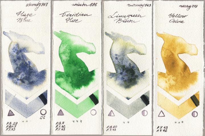 Shminke Horadam Aquarell 967 Haze Blue vs Winsor & Newton Professional 696 Viridian Hue vs Rockwell 143 Limugreen Brown vs Rosa Gallery 719 Yellow Ochre watercolor swatch