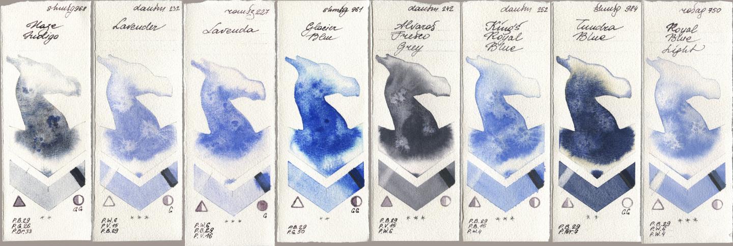 Shminke Horadam Aquarell 968 Haze Indigo, Daniel Smith 232 Lavender, Roman Szmal Aquarius 227 Lavenda, 961 Glacier Blue, 242 Alvaros Fresco Grey, 252 King’s Royal Blue, 984 Tundra Blue, Rosa Gallery 750 Royal Blue Lig watercolor swatch