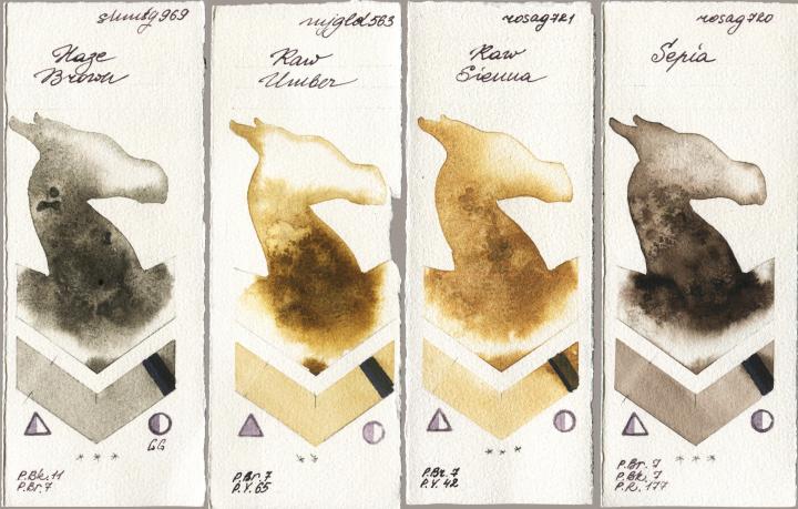 Shminke Horadam Aquarell 969 Haze Brown vs Mijello Mission Gold 563 Raw Umber vs Rosa Gallery 721 Raw Sienna vs 720 Sepia watercolor swatch