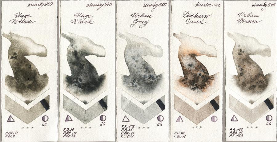 Shminke Horadam Aquarell 969 Haze Brown vs 970 Haze Black vs 956 Urban Grey vs Kusakabe 012 Darkness Sand vs 946 Urban Brown watercolor swatch