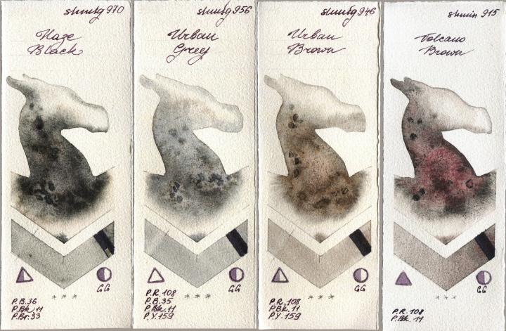 Shminke Horadam Aquarell 970 Haze Black vs 956 Urban Grey vs 946 Urban Brown vs 915 Volcano Brown watercolor swatch