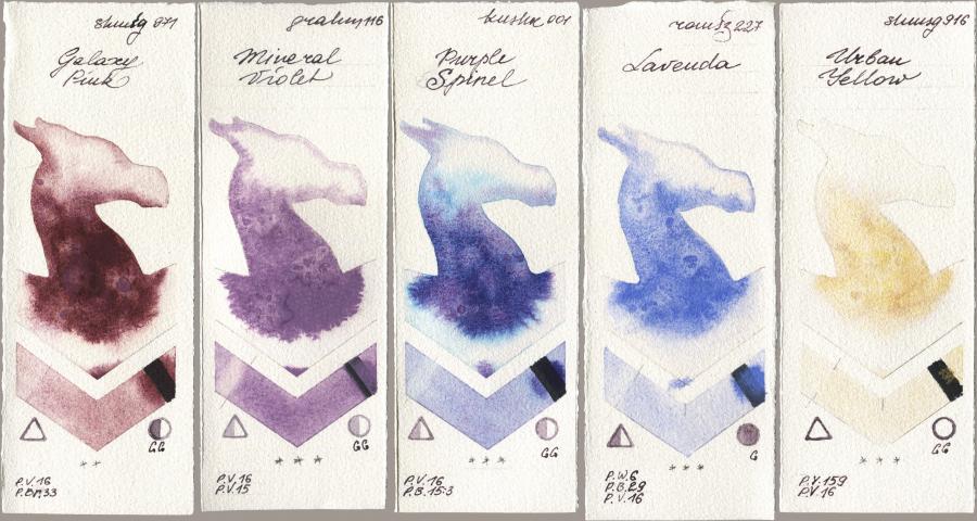 Shminke Horadam Aquarell 971 Galaxy Pink, M. Graham & Co. Artists 116 Mineral Violet, Kusakabe 001 Purple Spinel, Roman Szmal Aquarius 227 Lavenda, 916 Urban Yell watercolor swatch