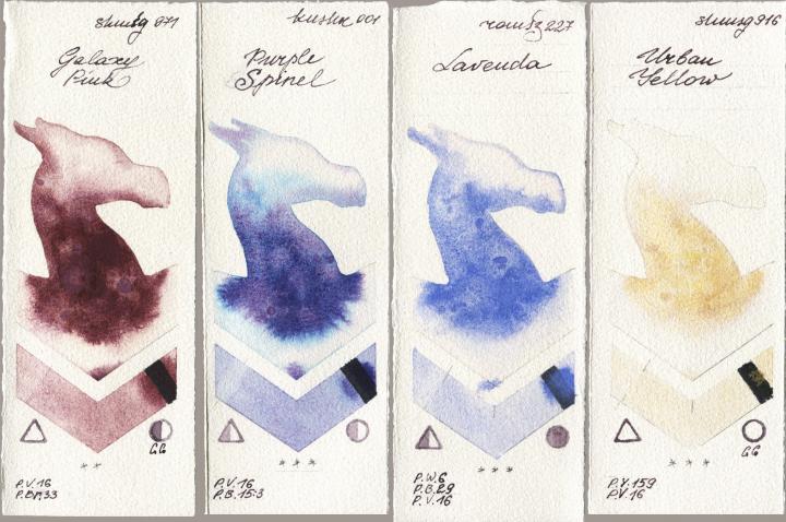 Shminke Horadam Aquarell 971 Galaxy Pink vs Kusakabe 001 Purple Spinel vs Roman Szmal Aquarius 227 Lavenda vs 916 Urban Yellow watercolor swatch