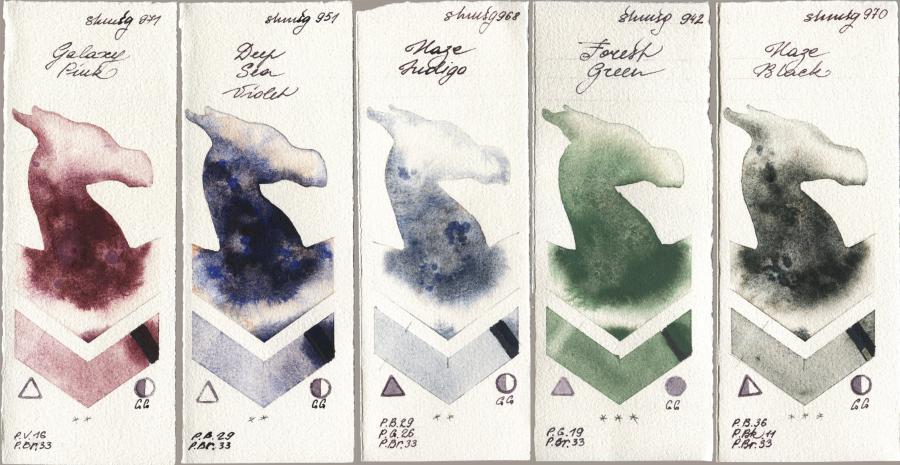 Shminke Horadam Aquarell 971 Galaxy Pink, 951 Deep Sea Violet, 968 Haze Indigo, 942 Forest Green, 970 Haze Bla watercolor swatch