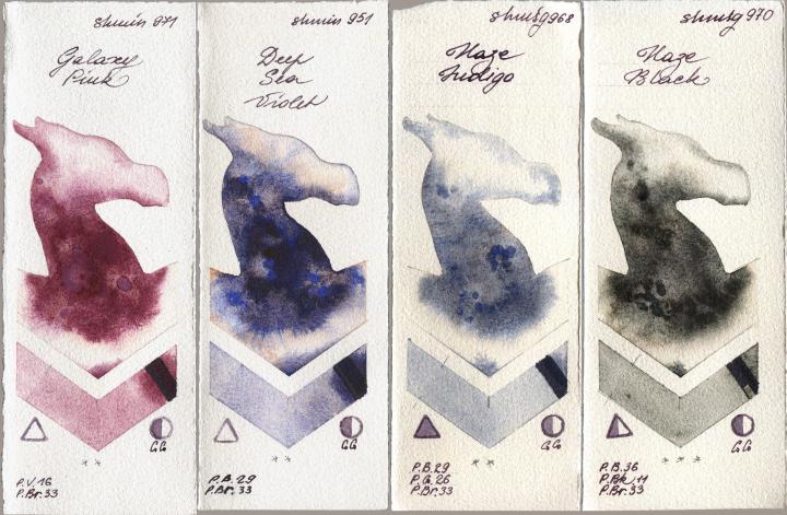 Shminke Horadam Aquarell 971 Galaxy Pink vs 951 Deep Sea Violet vs 968 Haze Indigo vs 970 Haze Black watercolor swatch