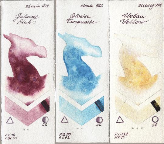 Shminke Horadam Aquarell 971 Galaxy Pink vs 962 Glacier Turquoise vs 916 Urban Yellow watercolor swatch