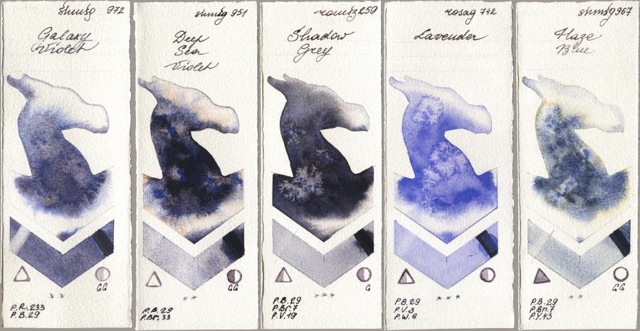 Shminke Horadam Aquarell 972 Galaxy Violet, 951 Deep Sea Violet, Roman Szmal Aquarius 259 Shadow Grey, Rosa Gallery 742 Lavender, 967 Haze Bl watercolor swatch