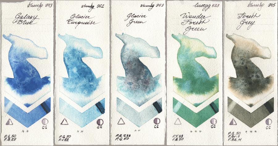 Shminke Horadam Aquarell 973 Galaxy Blue, 962 Glacier Turquoise, 963 Glacier Green, Holbein Artists Watercolor 523 Wonder Forest Green, 945 Forest Gr watercolor swatch
