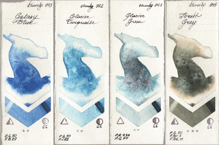Shminke Horadam Aquarell 973 Galaxy Blue, 962 Glacier Turquoise, 963 Glacier Green, 945 Forest Gr watercolor swatch
