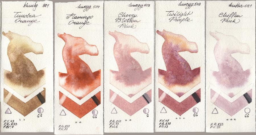 Shminke Horadam Aquarell 981 Tundra Orange, Holbein Artists Watercolor 504 Flamingo Orange, 503 Cherry Blossom Pink, 543 Twilight Purple, Kusakabe 021 Chiffon Pi watercolor swatch