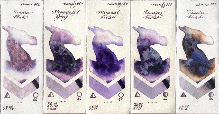 Shminke Horadam Aquarell 982 Tundra Pink vs Roman Szmal Aquarius 401 Przybyszs Grey vs 334 Mineral Violet vs 336 Shadow Violet vs 983 Tundra Violet watercolor swatch