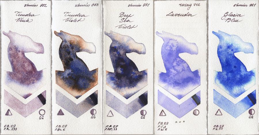 Shminke Horadam Aquarell 982 Tundra Pink vs 983 Tundra Violet vs 951 Deep Sea Violet vs Rosa Gallery 742 Lavender vs 961 Glacier Blue watercolor swatch