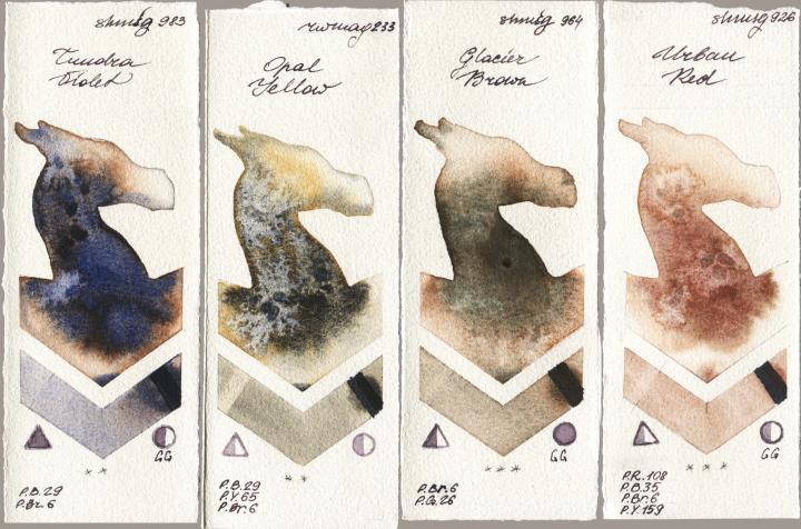 Shminke Horadam Aquarell 983 Tundra Violet vs Rockwell 233 Opal Yellow vs 964 Glacier Brown vs 926 Urban Red watercolor swatch