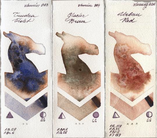 Shminke Horadam Aquarell 983 Tundra Violet vs 964 Glacier Brown vs 926 Urban Red watercolor swatch