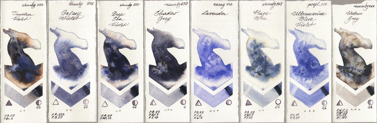 Shminke Horadam Aquarell 983 Tundra Violet, 972 Galaxy Violet, 951 Deep Sea Violet, Roman Szmal Aquarius 259 Shadow Grey, Rosa Gallery 742 Lavender, 967 Haze Blue, Golden QOR 316 Ultramarine Blue Violet, 262 Urban Gr watercolor swatch