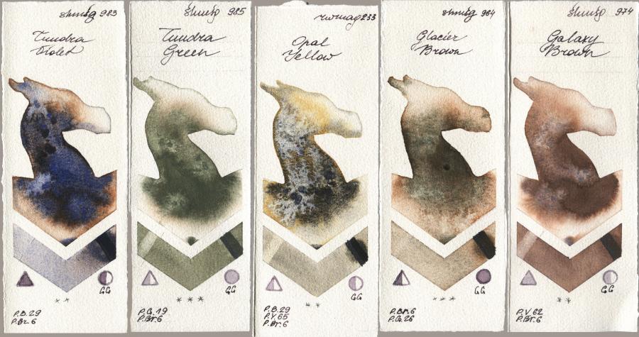 Shminke Horadam Aquarell 983 Tundra Violet, 985 Tundra Green, Rockwell 233 Opal Yellow, 964 Glacier Brown, 974 Galaxy Bro watercolor swatch