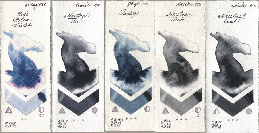 SuperVision 736 Rose Blue Violet, Holbein Artists Watercolor 157 Neutral Tint, Golden QOR 305 Indigo, Daniel Smith 229 Neutral Tint, Winsor & Newton Professional 430 Neutral Ti watercolor swatch