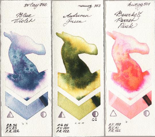 SuperVision 742 Blue Violet vs Roman Szmal Aquarius 363 Autumn Green vs Holbein Artists Watercolor 501 Bourkes Parrot Pink watercolor swatch
