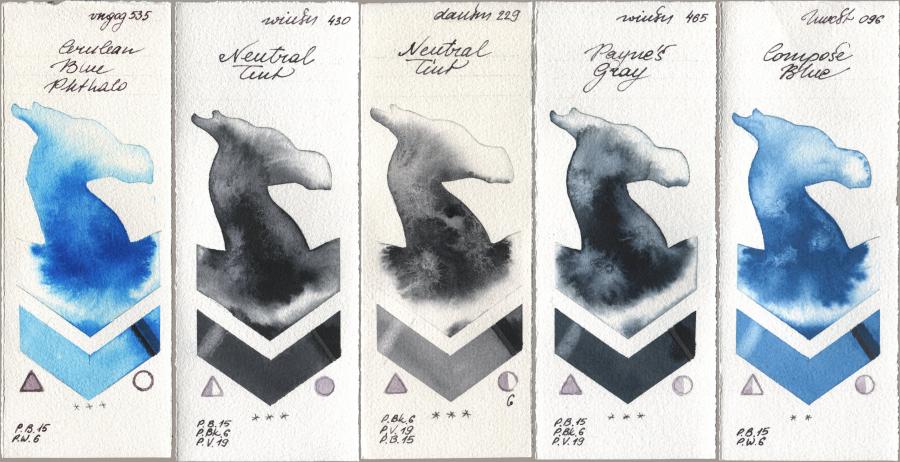 Royal Talens Van Gogh Watercolour 535 Cerulean Blue Phthalo, Winsor & Newton Professional 430 Neutral Tint, Daniel Smith 229 Neutral Tint, 465 Paynes Gray, Holbein Artists Watercolor 096 Compose Bl watercolor swatch