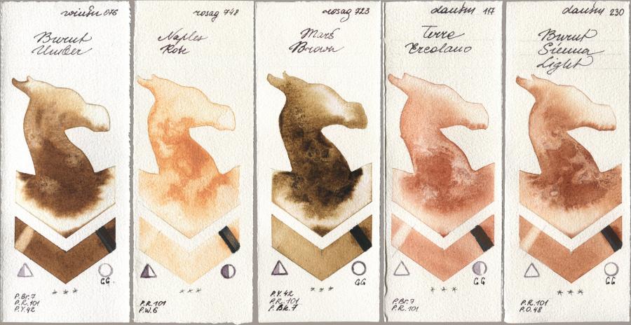 Winsor & Newton Professional 076 Burnt Umber, Rosa Gallery 748 Naples Rose, 723 Mars Brown, Daniel Smith 117 Terre Ercolano, 230 Burnt Sienna Lig watercolor swatch