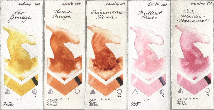Winsor & Newton Professional 267 New Gamboge, Sennelier l Aquarelle 645 Chinese Orange, Daniel Smith 093 Quinacridone Sienna, Holbein Artists Watercolor 025 Brilliant Pink, 237 Rose Madder Permane watercolor swatch