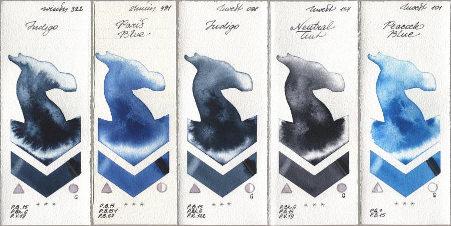 Winsor & Newton Professional 322 Indigo, Shminke Horadam Aquarell 491 Paris Blue, Holbein Artists Watercolor 098 Indigo, 157 Neutral Tint, 101 Peacock Bl watercolor swatch