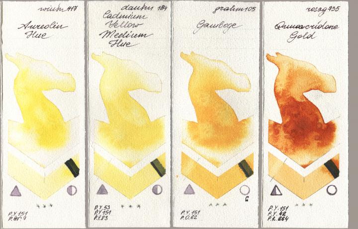 Winsor & Newton Professional 417 Aureolin Hue, Daniel Smith 184 Cadmium Yellow Medium Hue, M. Graham & Co. Artists 105 Gamboge, Rosa Gallery 735 Quinacridone Go watercolor swatch